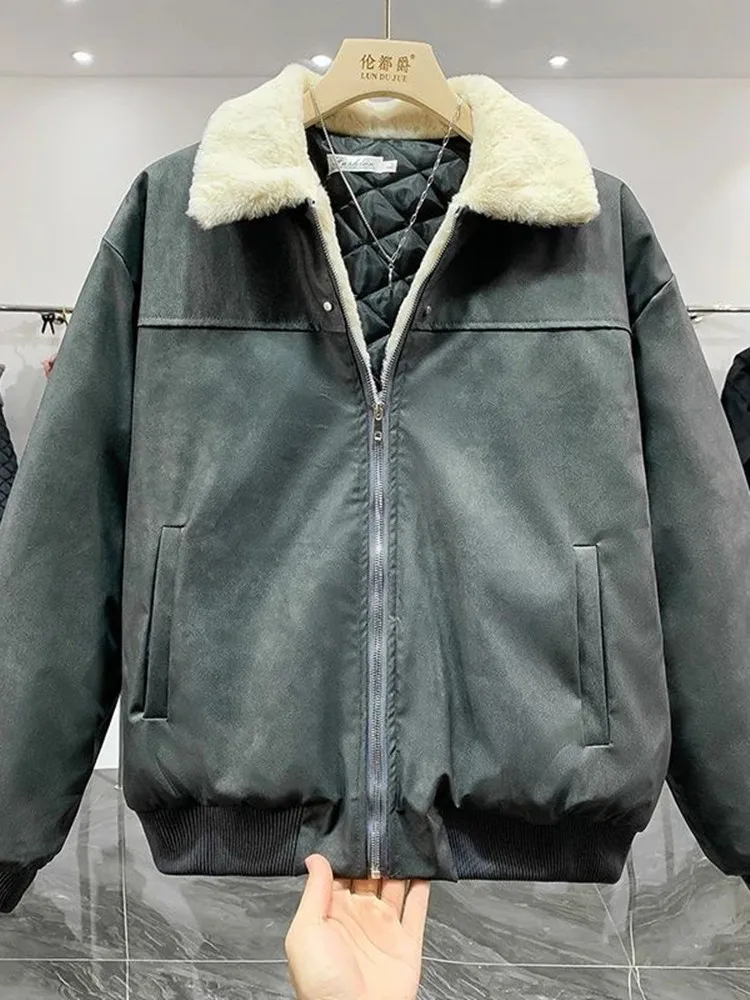 New Autumn and Winter Fashion Trend Thickened Warm Lambskin Workwear Jacket For Men's Casual Loose Sports Plus Size Jacket M-3XL