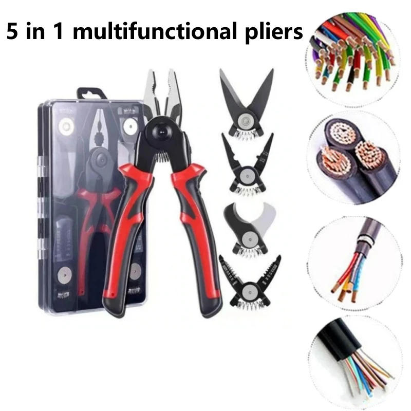 

5 In 1 Multifunctional Pliers Replaceable Steel Wire Pliers Wire Stripping Interchangeable Head Tool Special For Electricians