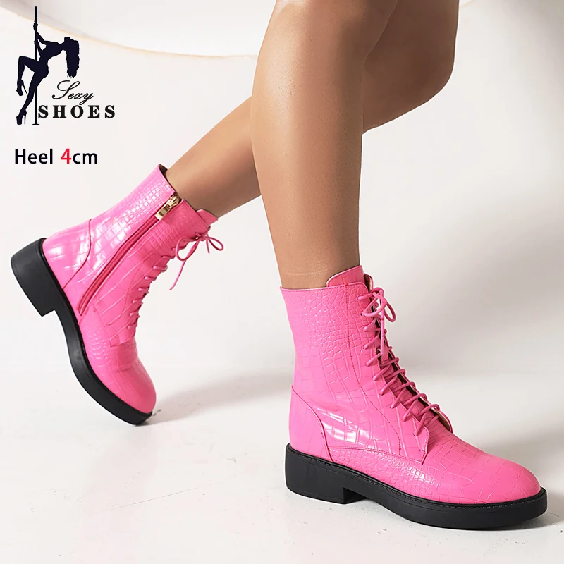 4CM Heel Women Outdoors Non-Slip Short Boots Autumn And Winter Lace-up Casual Shoes Plus Size Female Zip Leather Ankle Booties