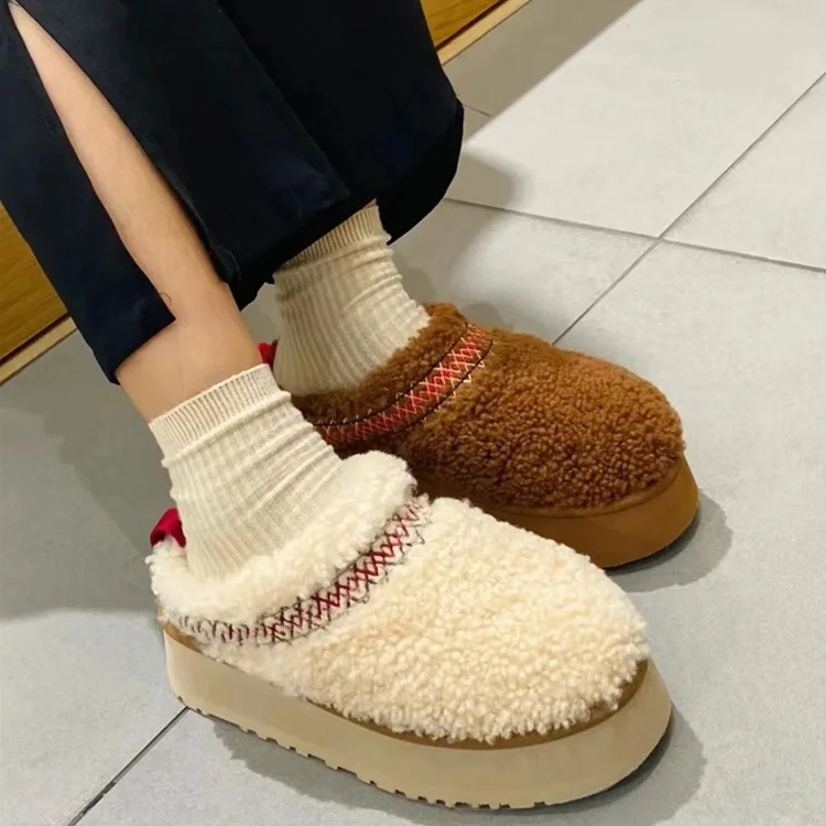 

Brown Fur Cotton Ankle Boots Slip-On Zapatos Para Mujeres Round Toe Ladies Bota Feminina Thick Bottom Women Shoes Winter 2023