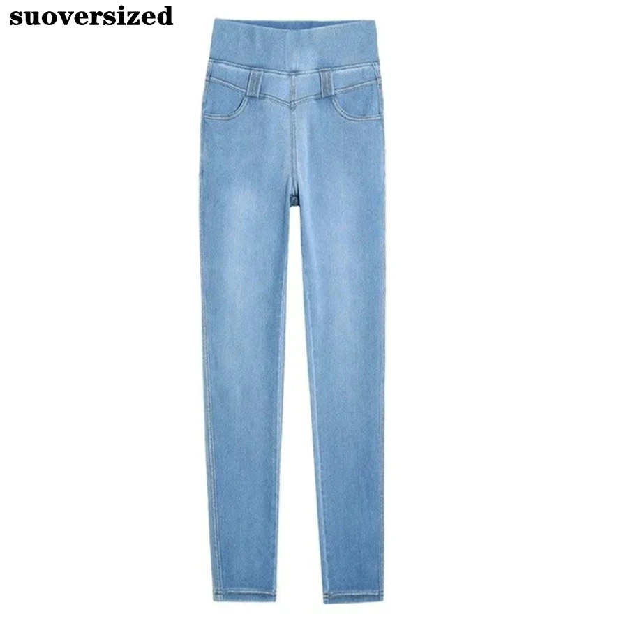 Classic Stretch Slim Women Jeans Elastic Waist Denim Skinny Ankle-Length Pants Trousers Korean Streetwear Oversized 38 Vaqueros thin rayon wide leg jean baggy women straight denim pant ankle length trousers elastic high waist capris korean fashion vaqueros