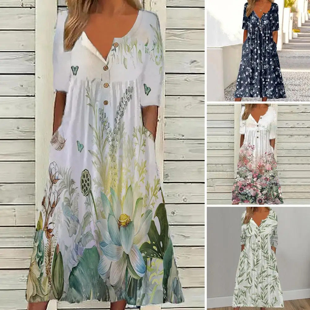 

Summer Long Dress Floral Print Midi Dress with Pleated Hem Side Pockets for Women A-line Summer Beach Dress with Button Detail