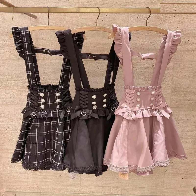 

Japanese Gothic Lolita Ribbon Bow Diamond Pearl Buckle Removable Short Suspender Skirt Girls Sweet Cute Lace A-Line Mini Skirts