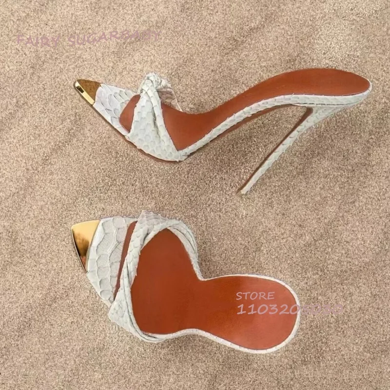

Silver Metal Pointed Open Shallow Heels Girl Stone Pattern Leather Sexy Slingback Slipper Beach Vacation Sandals Woman Sexy Shoe
