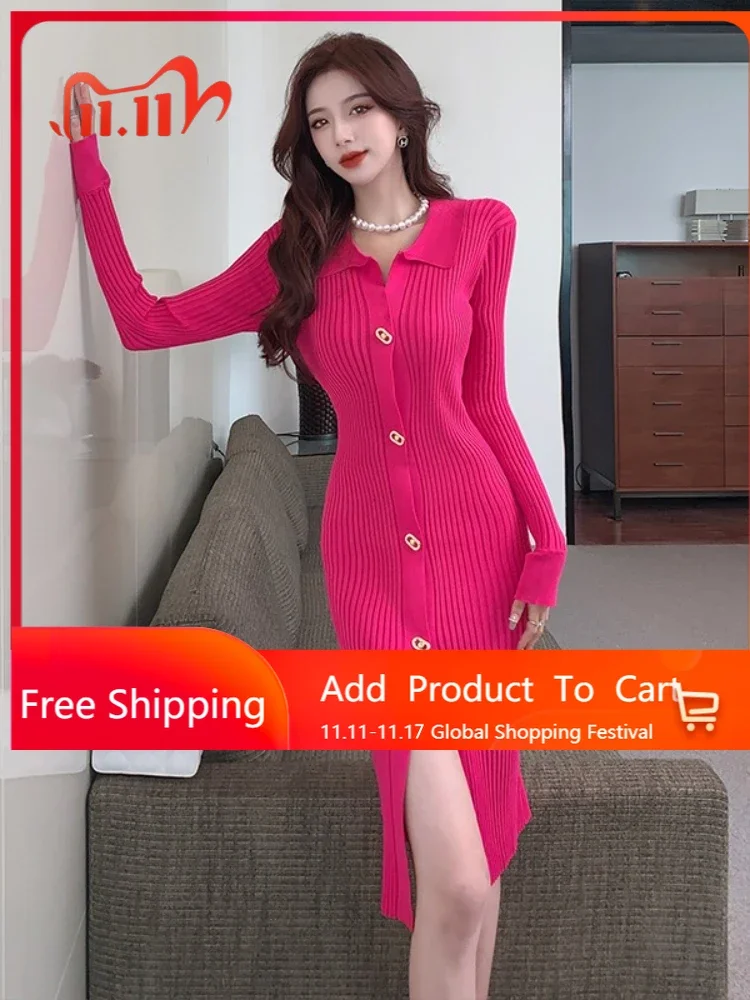 

Winter Ladies Single-breasted Split Knitted Dress Women Lapel Solid Pencil High Waist Slim Full Sleeve Over Hip Slit Skirt