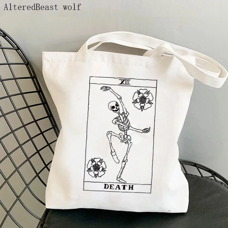 Women Shopper bag Death skull black and white Tarot Card Witchy Bag Harajuku magic Canvas Shopper Bag girl Shoulder Lady Bag