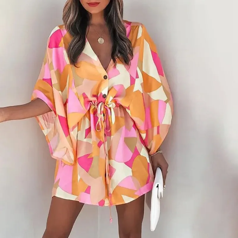 

2023 Woman Summer Fashion Batwing Sleeve Print Lace Up Mini Dress for Women Sexy V-Neck Casual Loose Boho Holiday Short Dresses