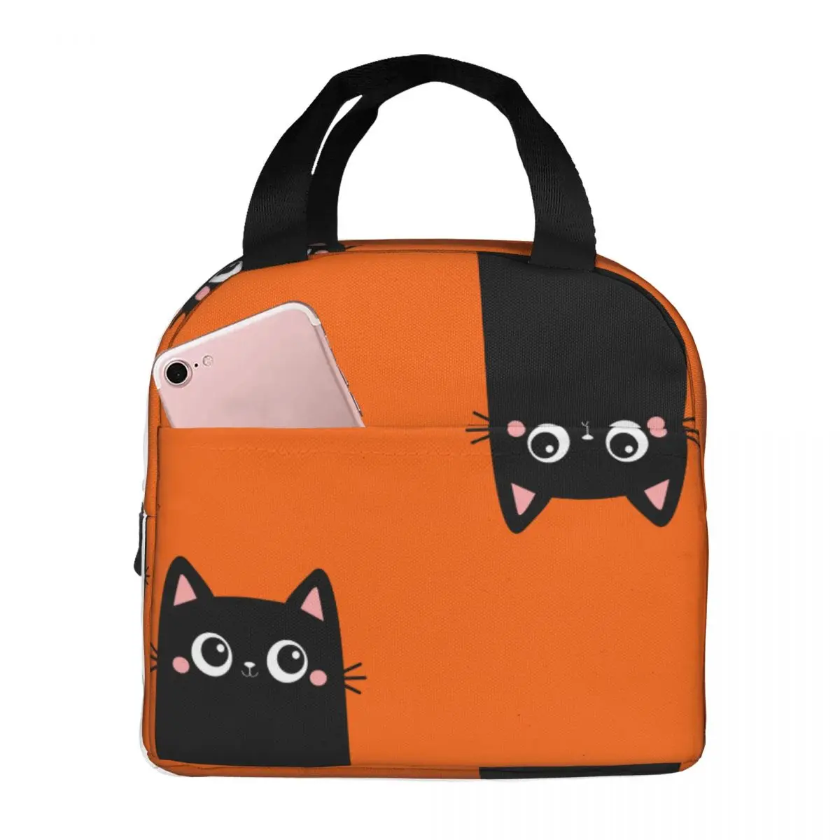 

Lunch Bags Two Cute Black Kitten Cat Face Insulated Cooler Portable Picnic Funny Kawaii Black Cats Oxford Tote Food Storage Bags