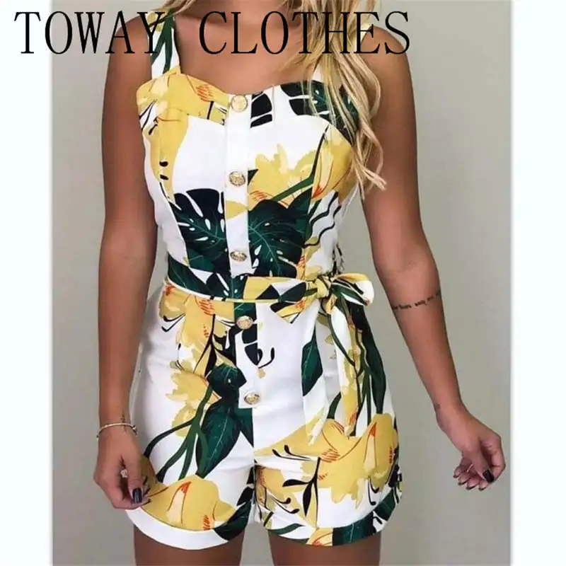 

Sleeveless Print Buttoned Design Rompers Women Playsuits Thick Strap Casual Slim Summer One Piece Overalls