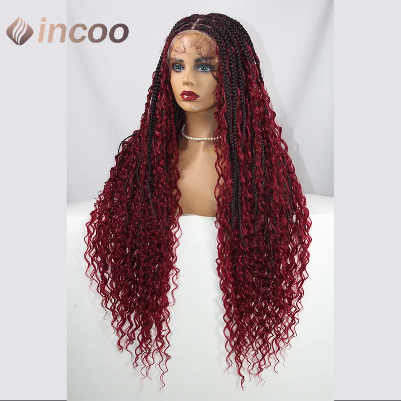 

Boho Box Braid Wigs Wave Curly Full Lace Front Wigs Dark Burgundy Synthetic Box Braided Wig Pre-Plucked Baby Hair For Women