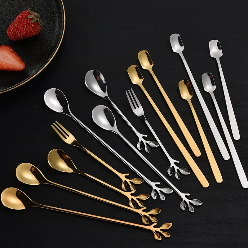 Leaves Coffee Spoons Creative Stainless Steel Dessert Ice Cream Scoop Coffee Tea Stirring Spoon Gold Silver Tableware