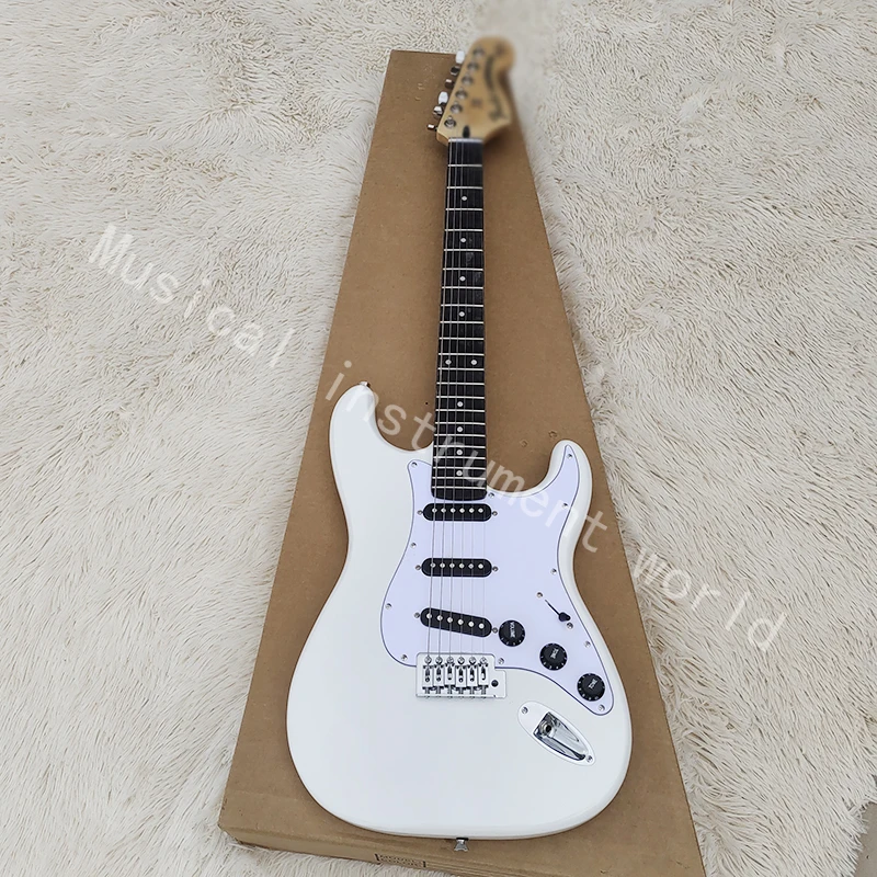 

Classic ST white electric guitar, black quality pickup system, quality solid wood, free delivery home.