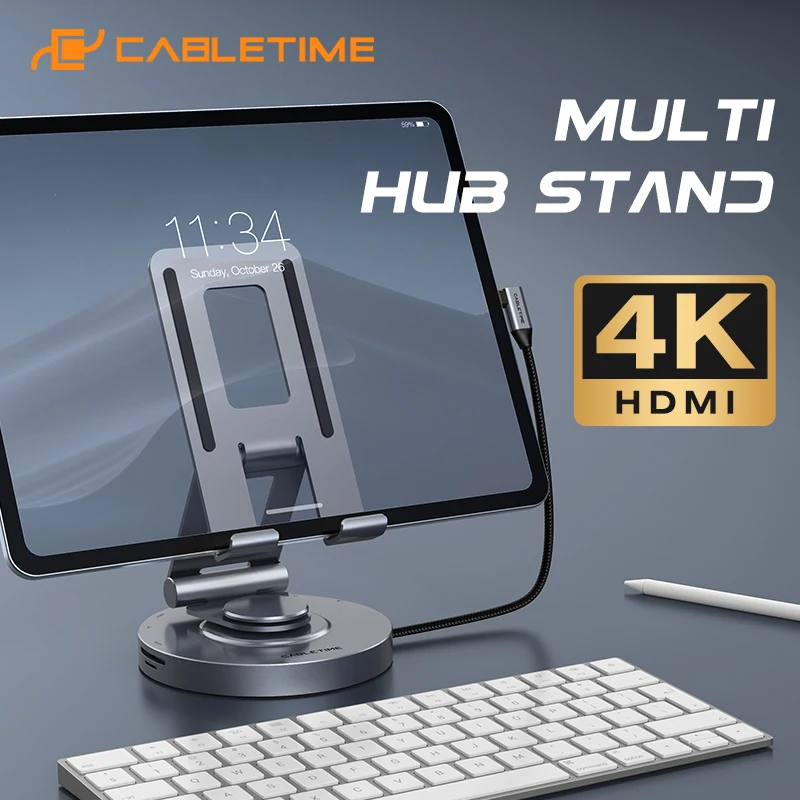 Cabletime-multi Usb c Hub Suporte Giratório Leitor sd tf para Tablet Ipad Pro Air Transferência de 5gbps Suporte Giratório 360 4k60hz 100w em C441