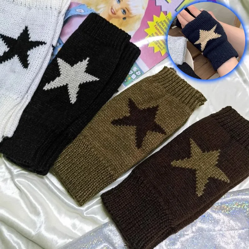 

Punk Y2K Star Knitted Woolen Gloves Fashion Men Women Pentagram Half Finger Warm Soft Mitten Five Pointed Star Fingerless Gloves