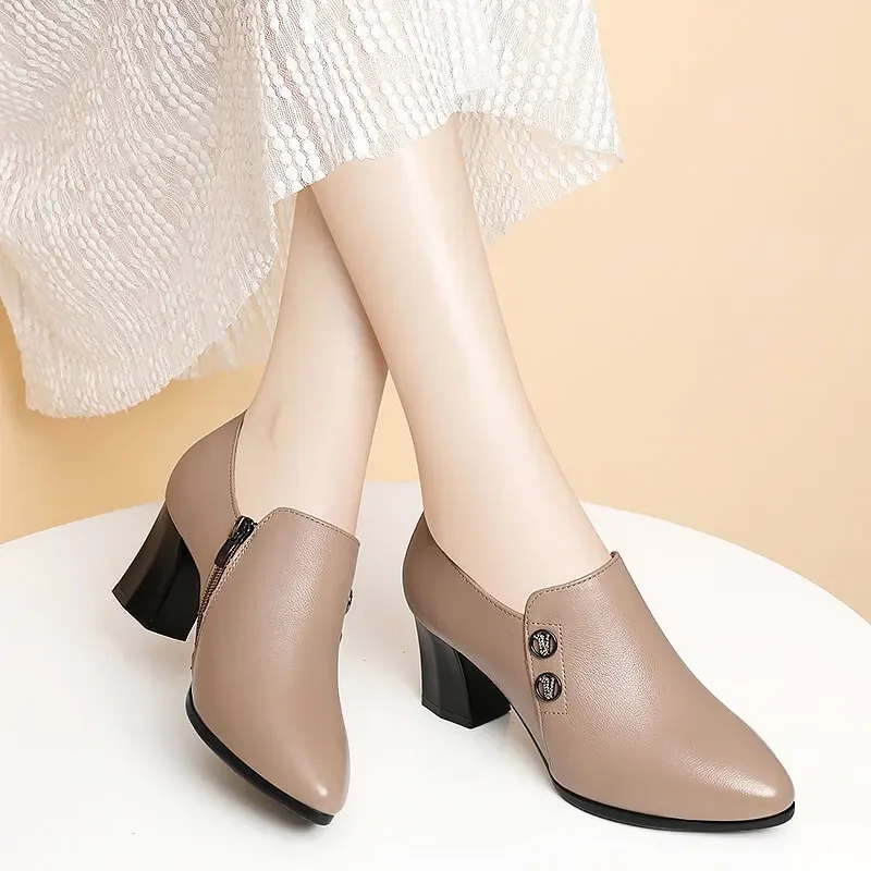 

Genuine Leather Shoes Dress 2024 New Autumn Women's Shoes Pointed Toe Thick Heel Ladies High Heels Spring Work Shoes Mid-heel