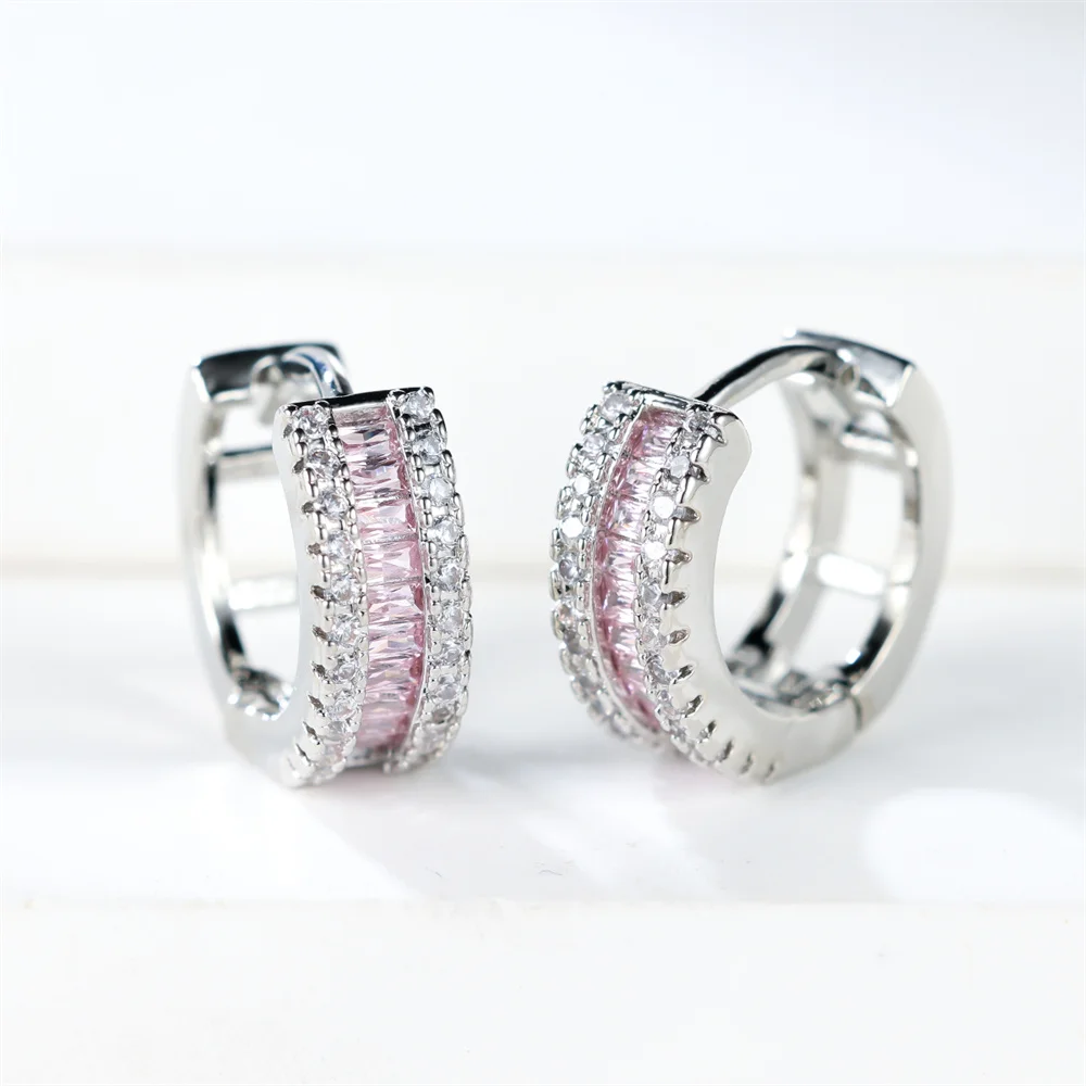 Green Crystal Square Stone Earring Cute Small Round Hoop Earrings For Women Fashion Silver Color Wedding Jewelry Christmas Gifts