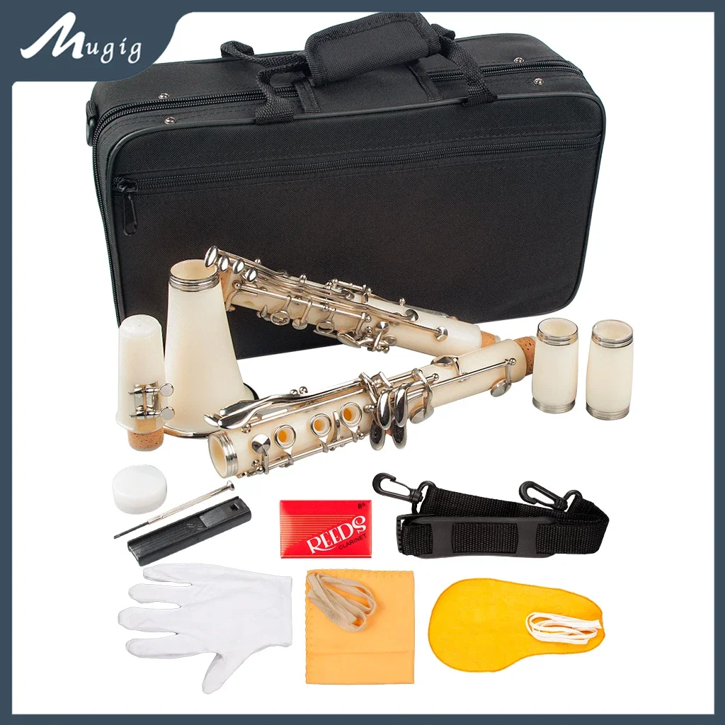 White Bb Clarinet 17 Key Clarinet Beginner Student Level ABS Nickel Plated With Clean Pad Saver Reeds Cork Strap Carry Case SET