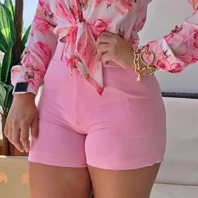 Summer Set for Women Long Sleeve Floral Printed Deep V Sexy Tops Blouse and Shorts Sets Casual Spring Shirts Female