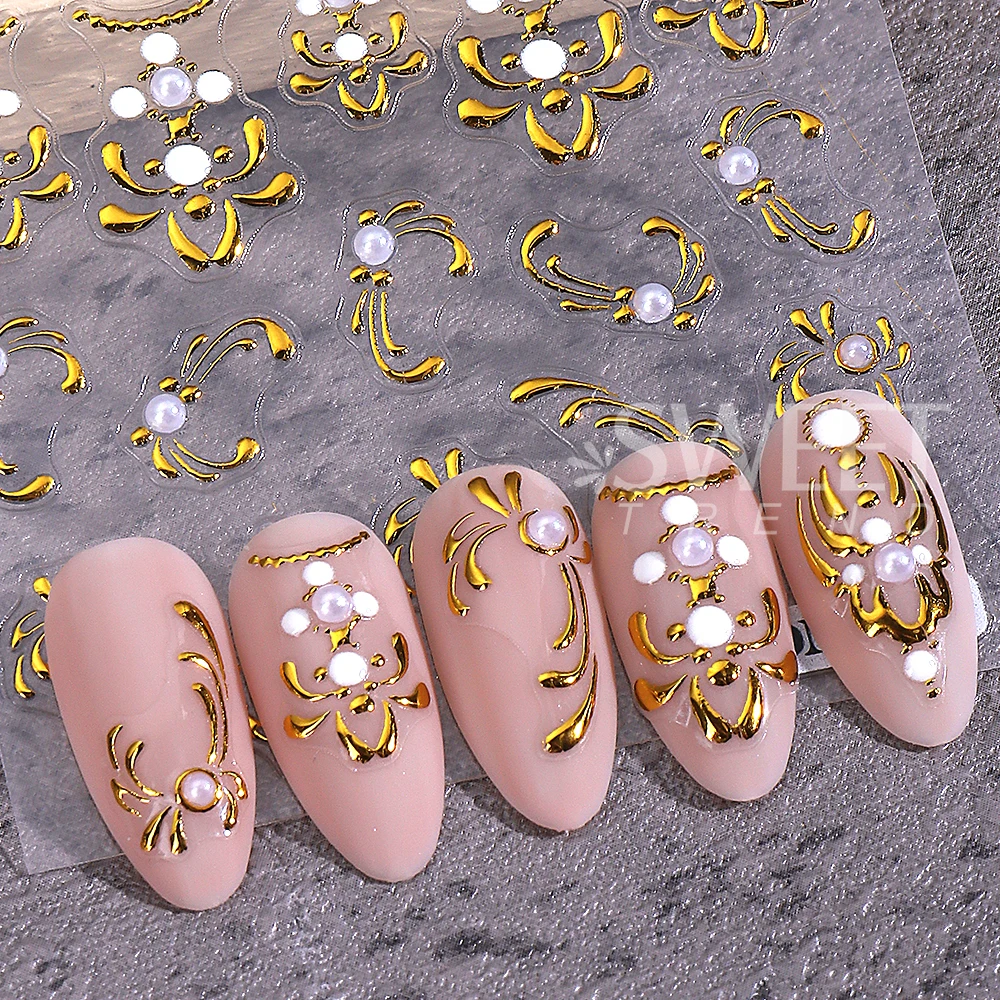 1PC Golden Palace Retro Style Nail Art Stickers 5D Embossed Self-Adhesive Pearl Petal Luxury Nail Decals Manicure DIY Decoration