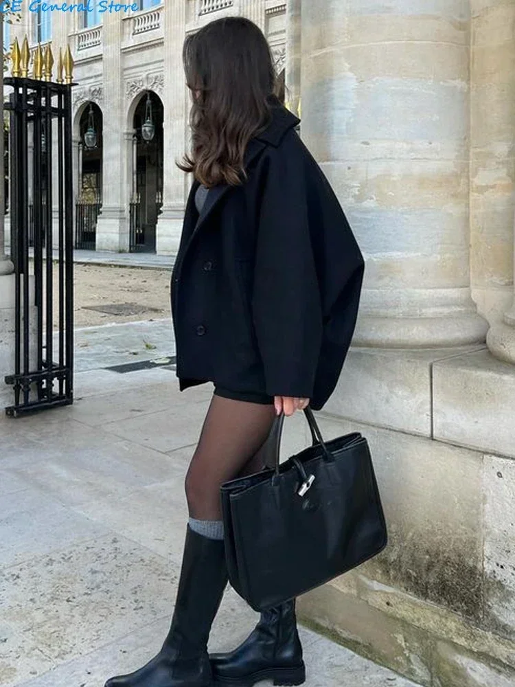Fashion Lapel Woolen Jacket For Women 2024 Autumn Single Breasted Long Sleeve Coats Female Elegant Oversized Chic Street Outwear 2