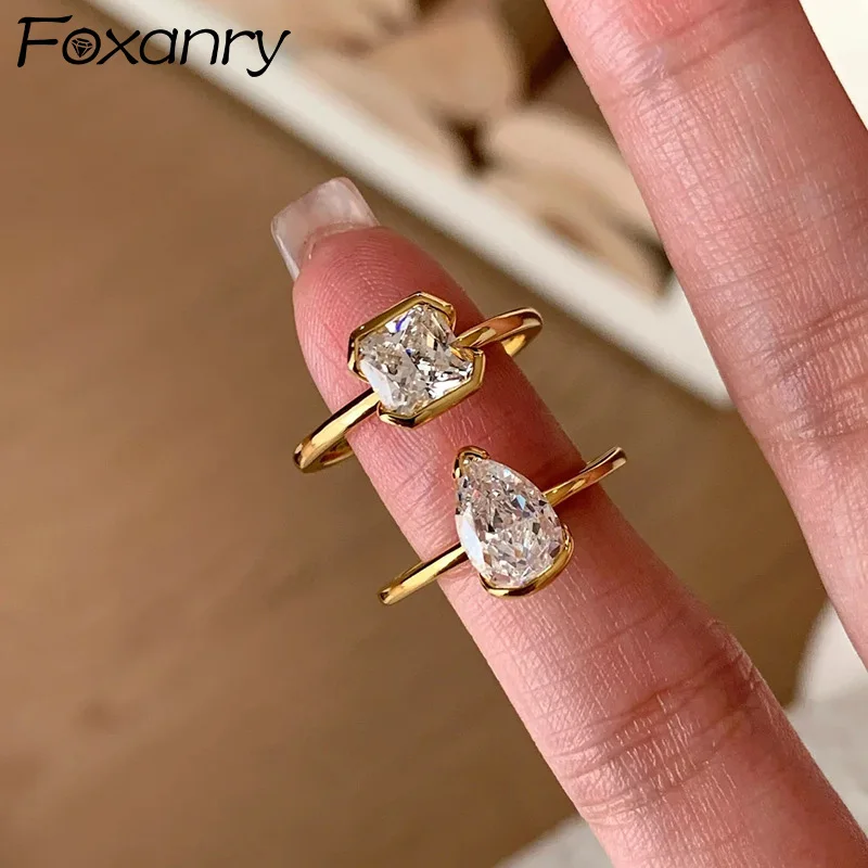 Crystal rings engagement rings zircon rings stone rings fashion rings fashion ring finger rings Foxanry sparkling water drop geometric zircon ring for women girls simple exquisite gentle elegant sweet engagement jewelry gift