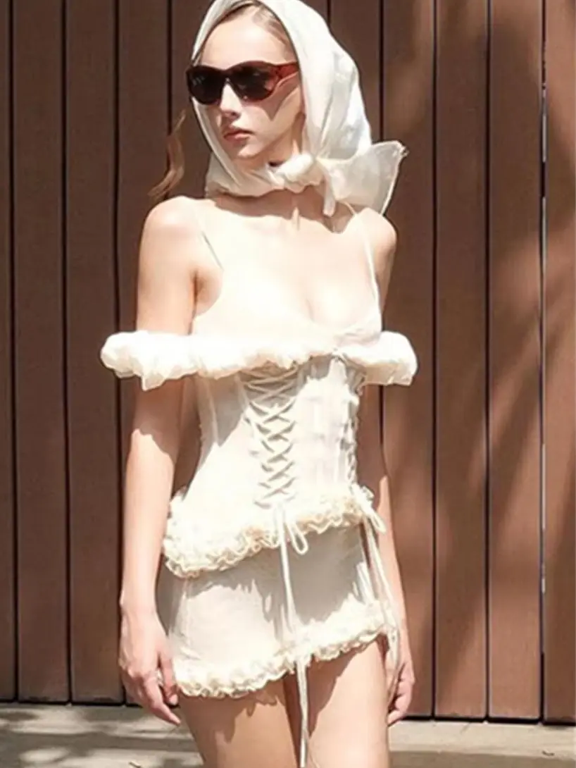 Nibber Patchwork Shirring Slash Neck Dress Women Sweet Mesh Ruffles Sleeveless Stretch Vacation Party Club Sexy Mini Bodycon