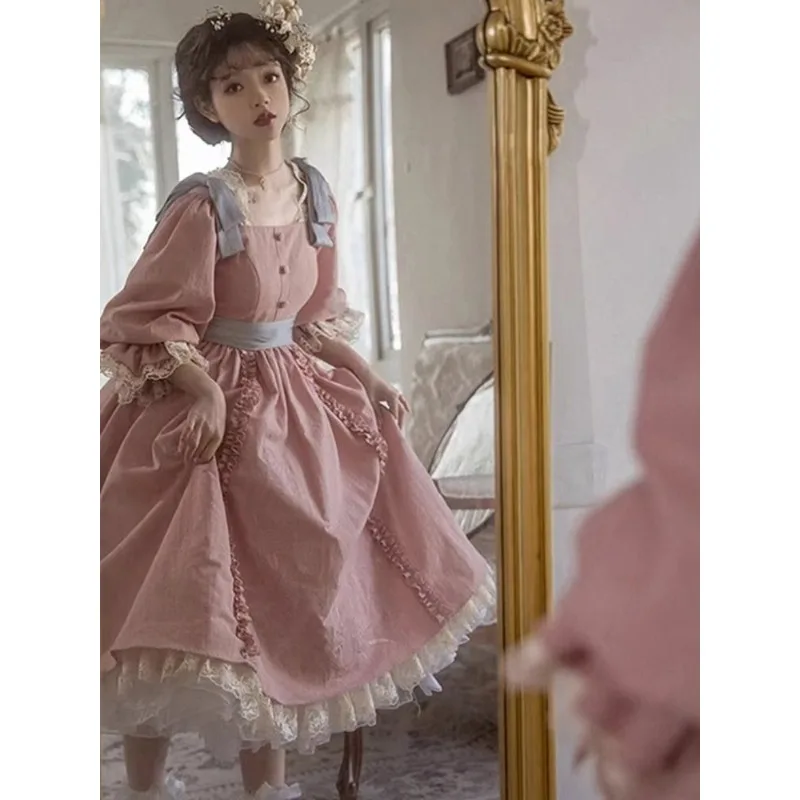 

Heavy Industry Palace Style Pink Bow Shoulder Strap Half Sleeved Princess Lolita Dress French Vintage Victorian Dress for Women