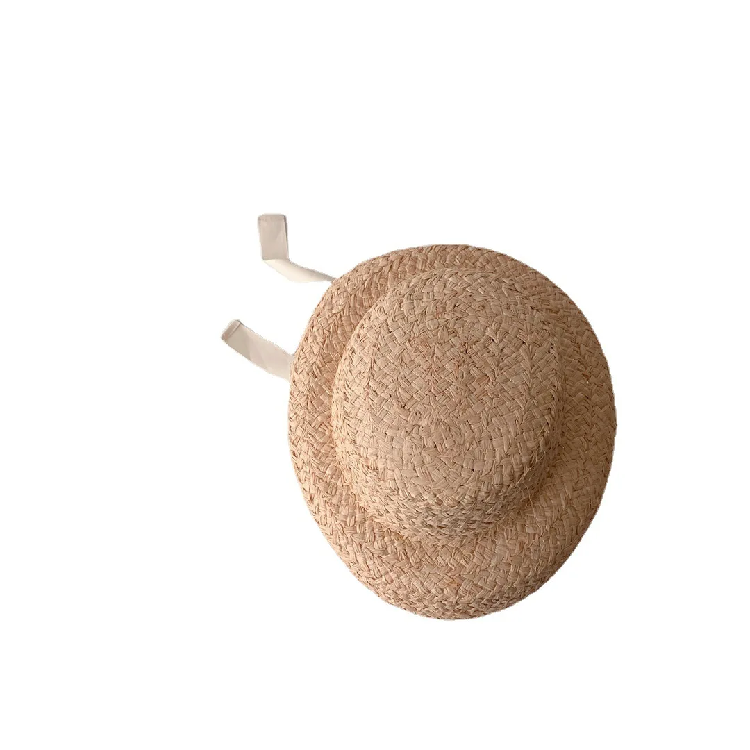 Summer Sun Hat Girls Raffia Straw Hat Retro Travel Sunscreen Beach Vacation with Lacing for Children Holidays