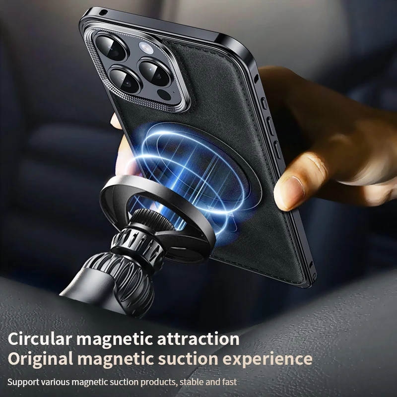 Leather Phone Case Metal Frame Shell Magnetic Stand Phone Cover For Iphone 14 15 16 Pro Max iphone case phone case magnetic case magsafe case phone protector cover leather phone case