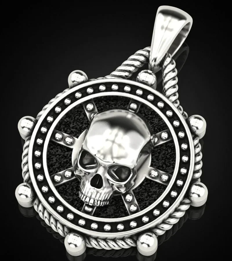 

12g 3D Ships Rudder And Skull Art Relief Mens Pendant 925 Solid Sterling Silver Pendant Punk Hollow