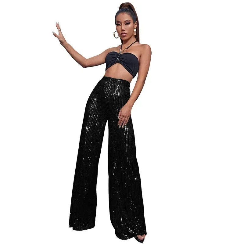 Women Sequin Flare Pants High Waist Sparkle Glitter Loose Wide Leg Pants Casual Long Trousers Party Clubwear Y2k Chic Streetwear