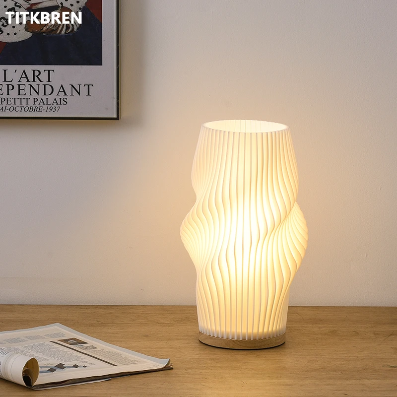 

Nordic Creative 3D Printed Vase Pleated Table Lamp Wood Base Bedroom Bedside Indoor Lighting Warm Atmosphere Desk Night Light