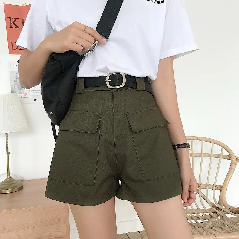 Spring New Korean Style Simple Flanging High Waist Slimming Denim Shorts Female Student All-Matching Straight Wide Leg Hot Pants compression shorts