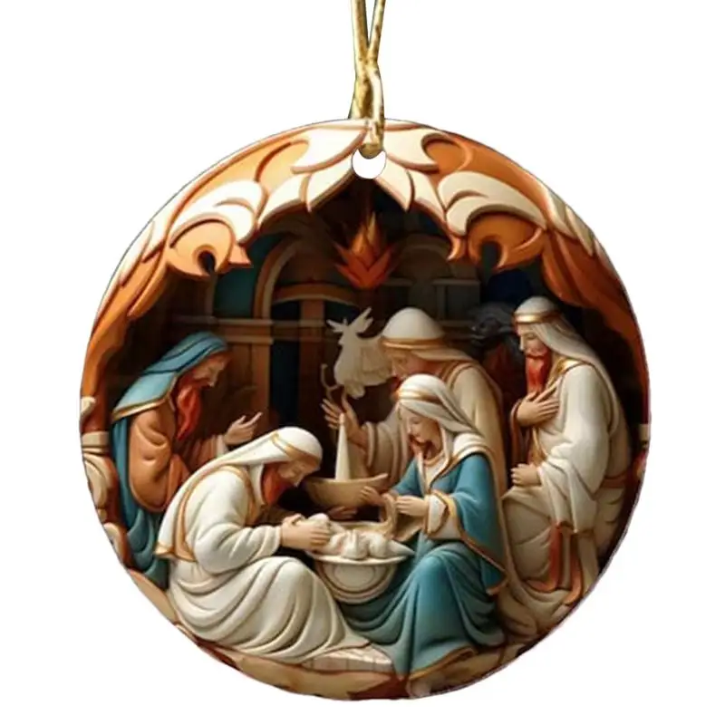 Holy Family Statue 2D Fadeless Nativity Scene Ornaments Waterproof Colorful Pendant With Rope Christmas Nativity Decor Supplies