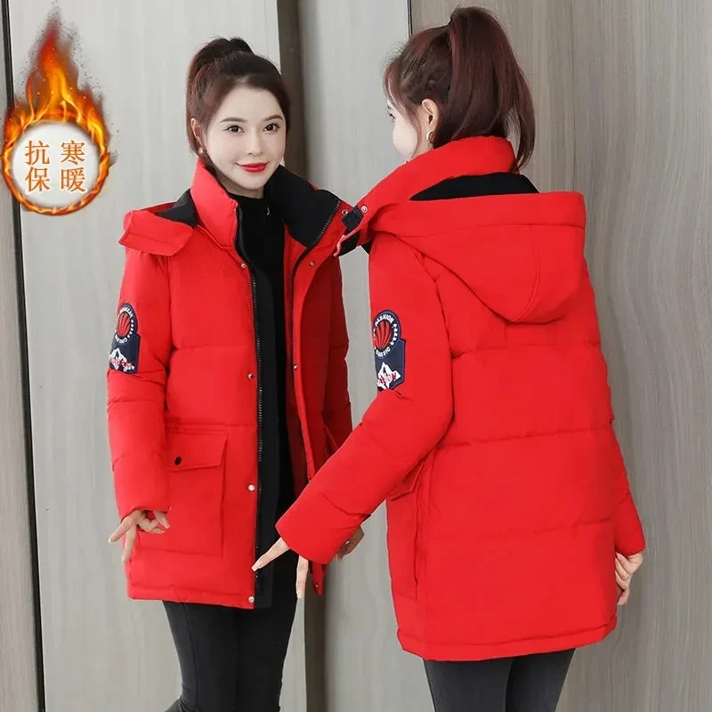 

2023 Winter New Parkas Tooling Cotton Jackets Women's Mid-Length Down Cotton Coat Loose Hooded Overwear Female Outcoat Ladies