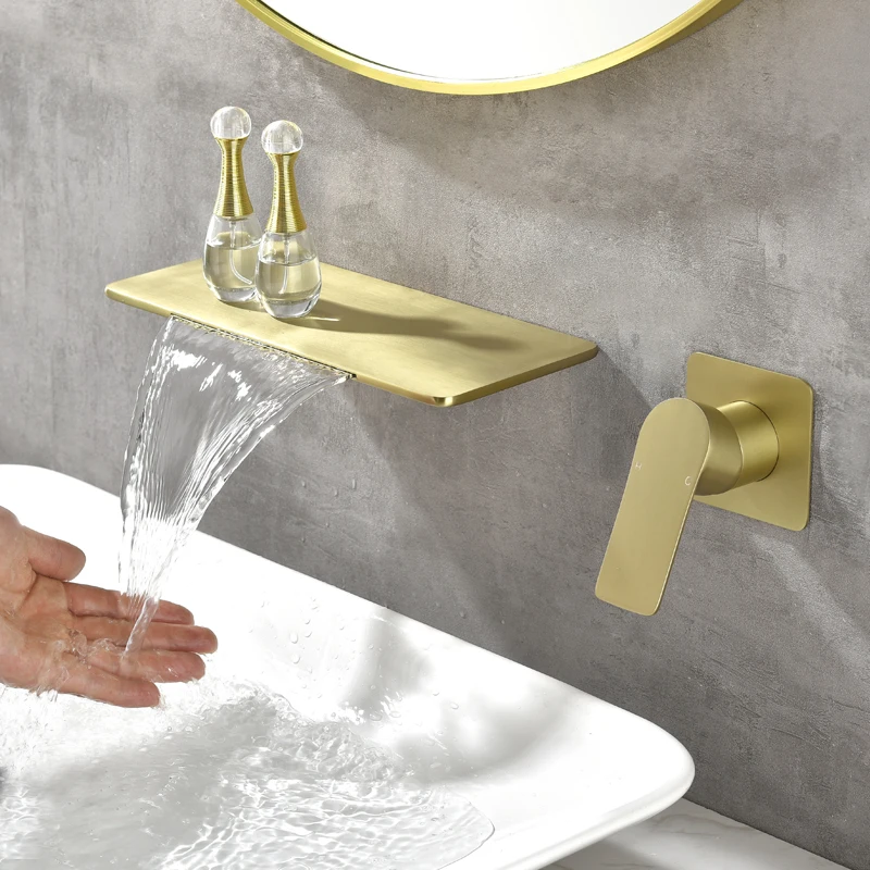 

Brushed Gold Bathroom Bathtub Faucet Brass Concealed Waterfall Basin Faucet Single Handle Mixed Hot And Cold Sink Faucet