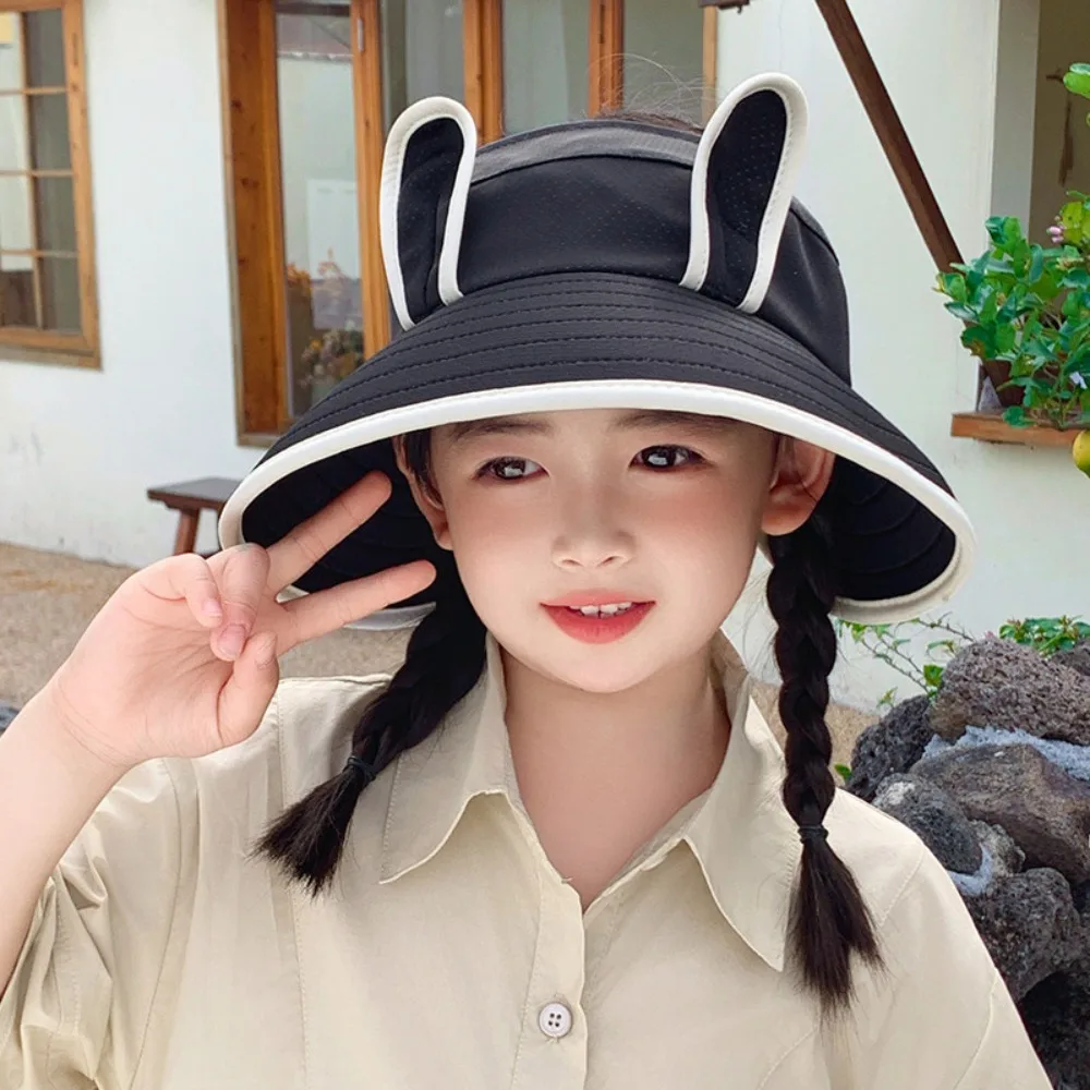 Korean Style Wide Brim Peaked Cap Adjustable Breathable Children Fishman Hat Cotton Streetwear Rabbit Ear Sunhat 2-4 Years Old