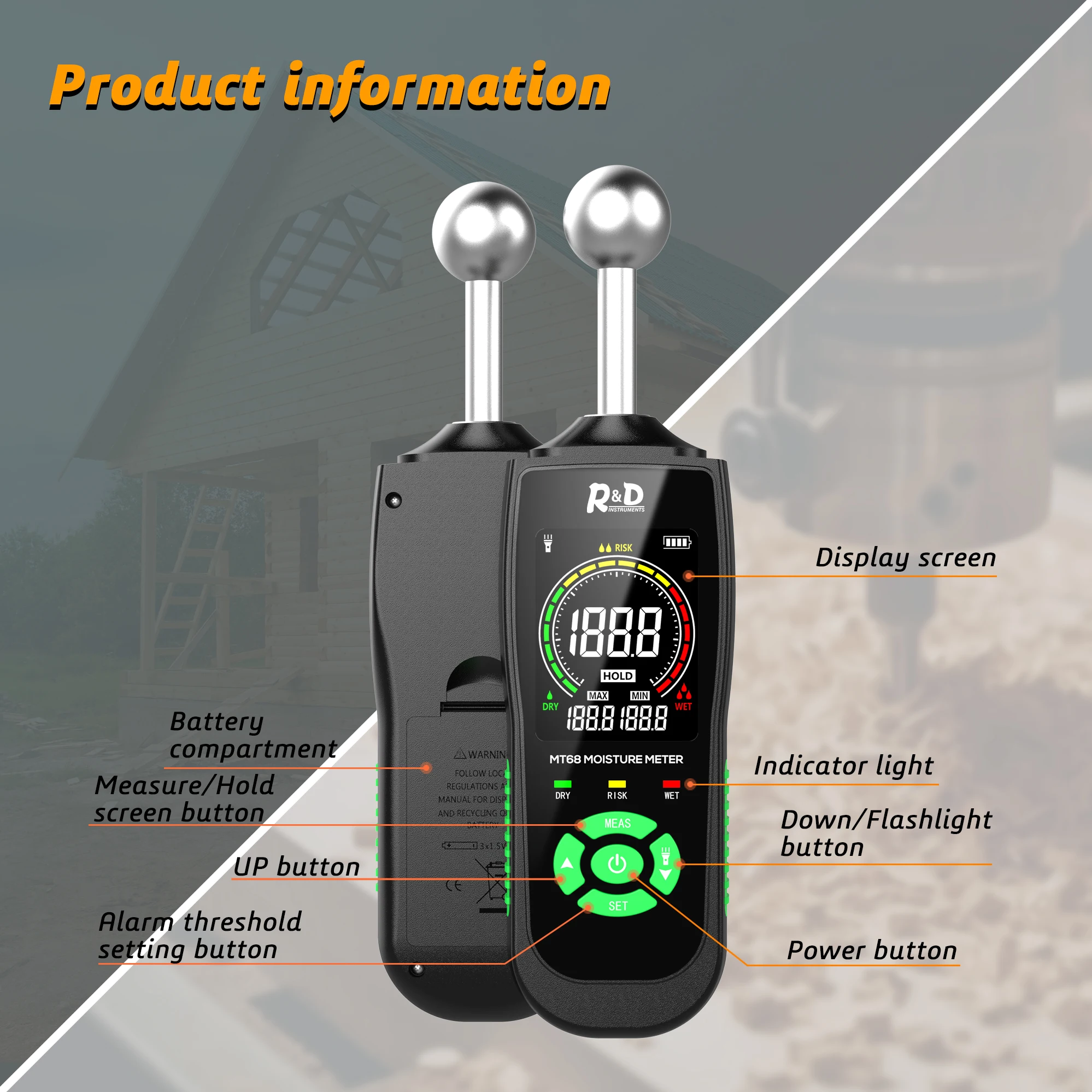 Wood Moisture Meter R&D MT68 Digital Wood Moisture Meter Non-contact Timber Damp Detector LCD Screen Hygrometer Alarm Humidity Tester Ball Detector