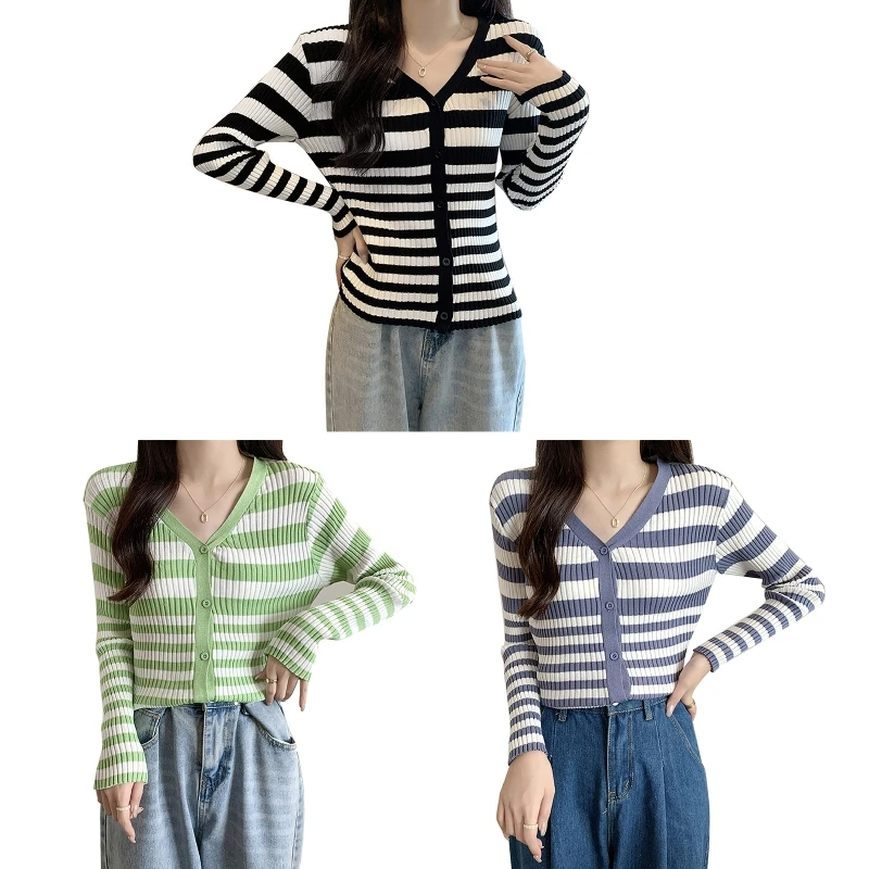 

MXMA Women Ribbed Knit Striped Sweater Coat Long Sleeve Button Down Cropped Cardigan