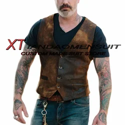 Men's Suede Vest Retro Slim Fit Sleeveless Jacket Brown Casual Waistcoat Male Steampunk Vests chaleco hombre