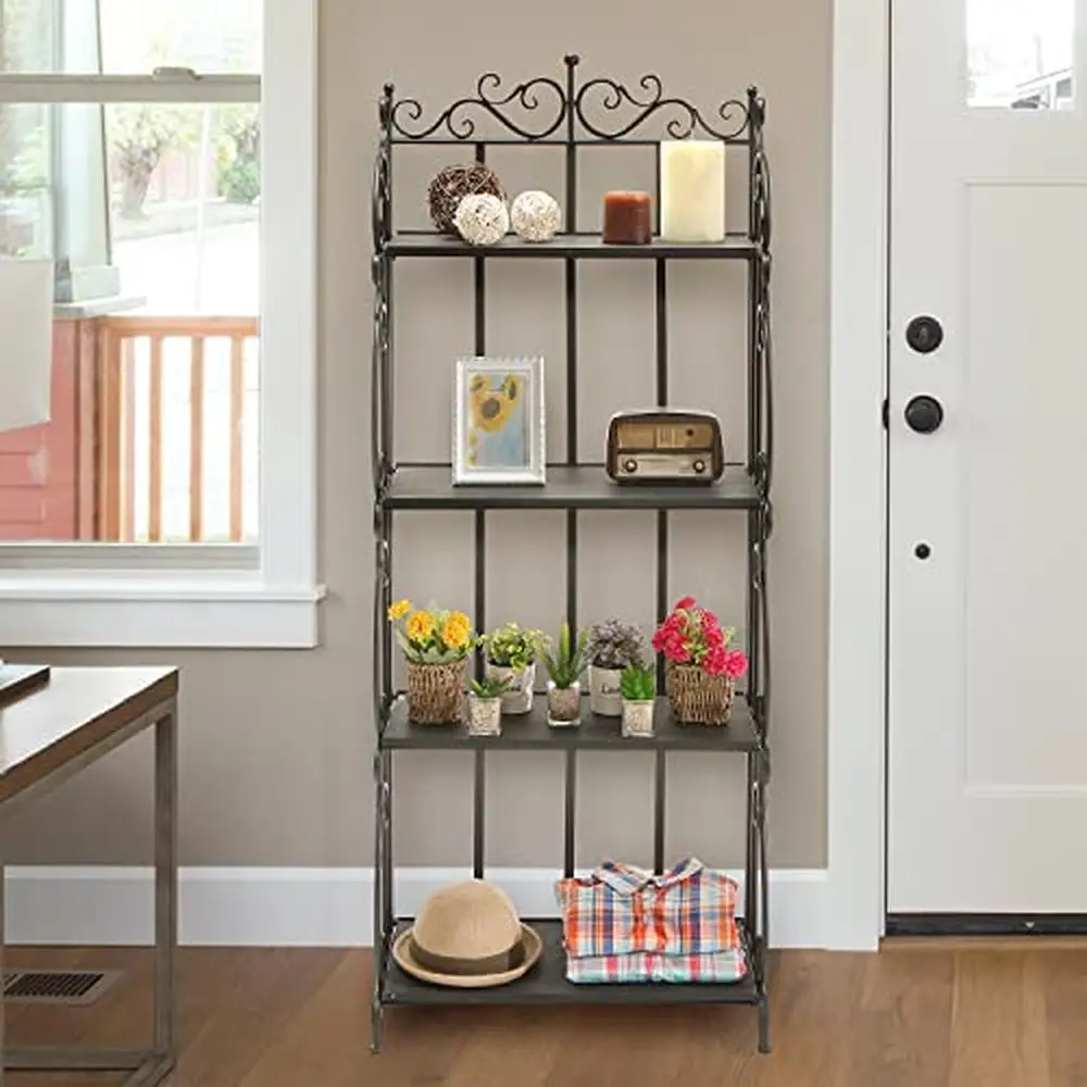 Black Metal Decorative Bakers Rack with 4 Tiered Shelves and Scrollwork Frame Indoor Plant Stand and Bookshelf Organizer 2