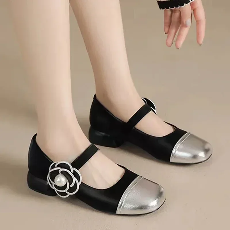 NEW Bead Flower Women Shoes 2024 Spring Mid Heels Shoes New Fashion Chunky Dress Lolita Shoes Shallow Pumps Fashion comfort