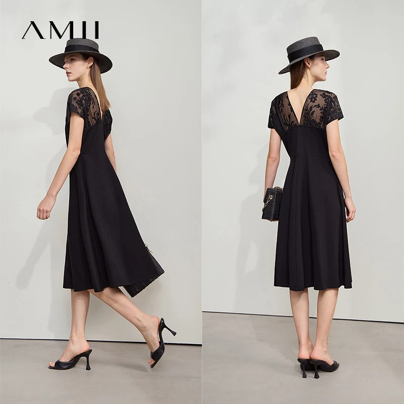 Amii Minimalist Casual Dress Women 2025 Summer New Office Lady Sleeveless  Solid V-Neck Slim Waist A Line Lace Dresses 12542261 - AliExpress
