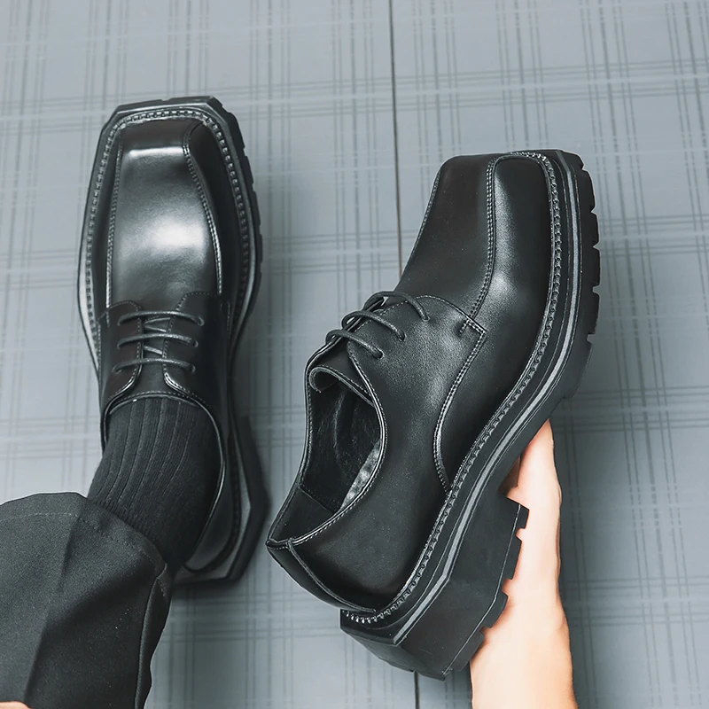 Men Classic Derby Shoes Lacquer Leather Black High Grade Fashion Lace up Business Dress Shoes Square Headed European Party Shoes