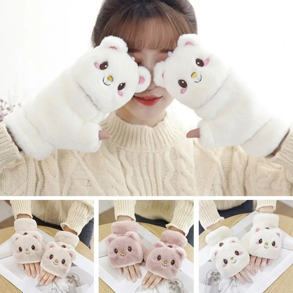 New Cute Knit Mittens Plush Fingerless Gloves Flip Half Finger Driving Glove Winter Soft Warm Thick Gloves For Women G J5N0