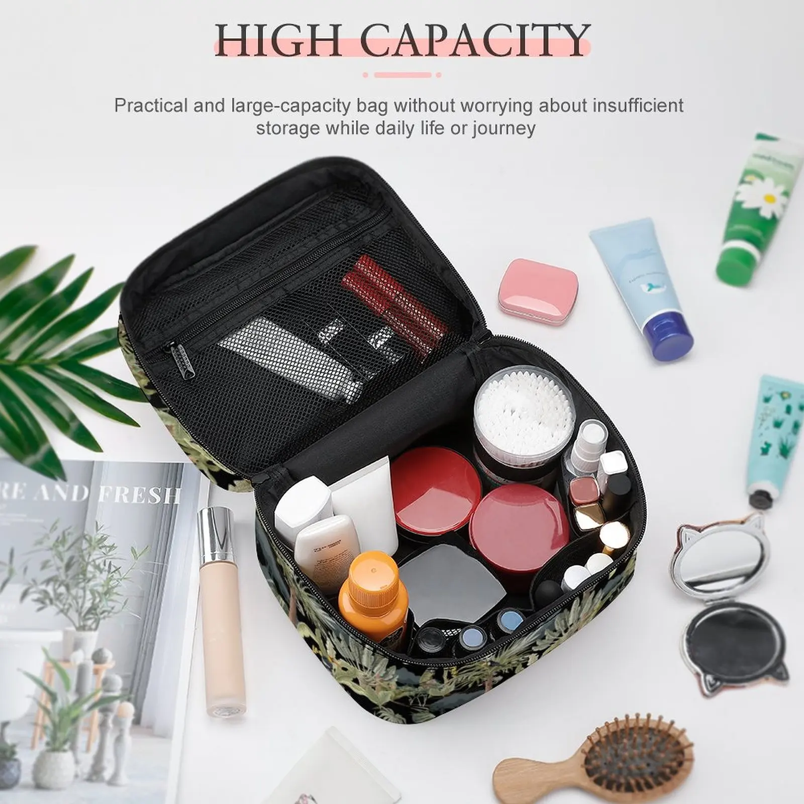 Customized Pattern Makeup Bag Black Retro Print Makeup Bag Women Multifunction Cosmetic Bag Toiletries Organizer Storage WashBag