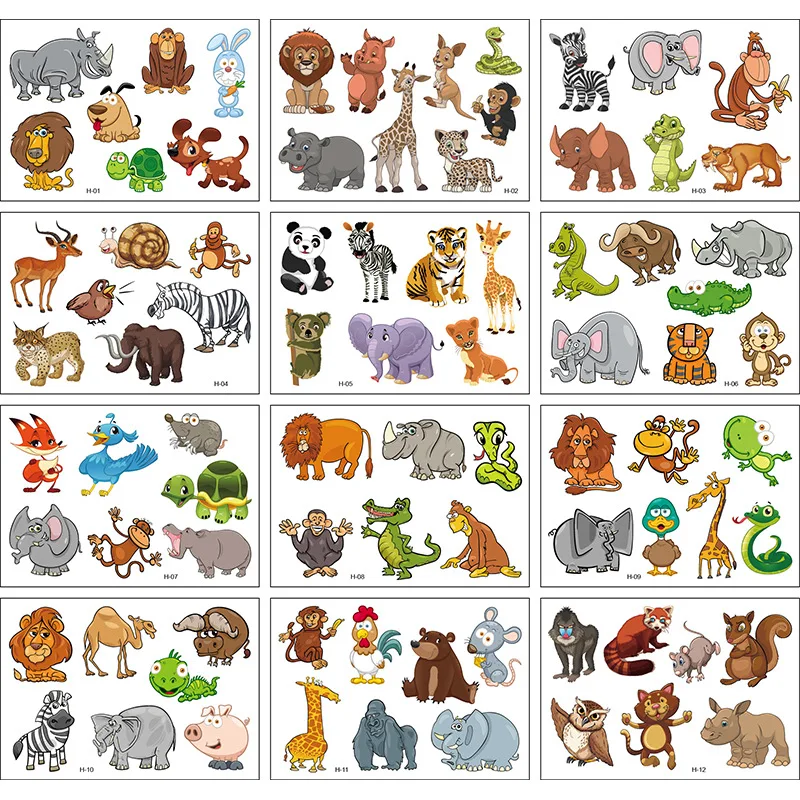 12 animal tattoo stickers simulation cute giraffe forest friends 3d temporary waterproof stickers cartoon set tattoo sticker,temporary tattoos