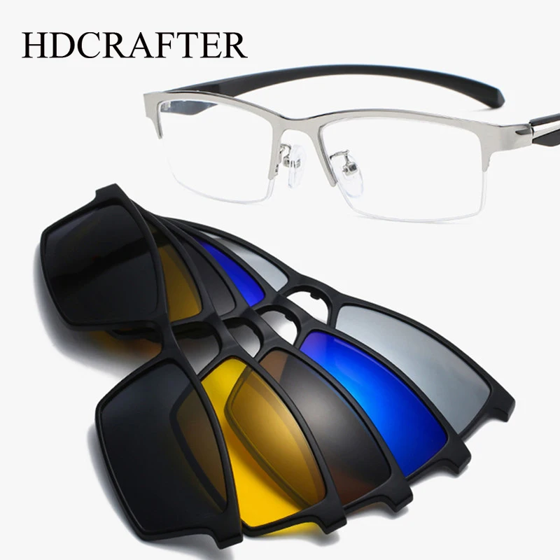 HDCRAFTER 6 In 1 Magnet Polarized Clip Glasses Frame Men TR90 Optical Myopia Clip Glasses For Men Prescription Eyeglasses Frame