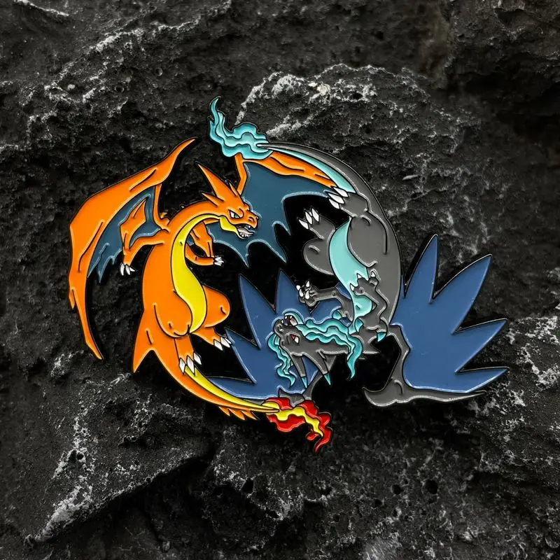 

Pokémon Anime Peripherals Kawaii Pikachu Charizard Double Dragons Dancing Together Anime Fans Collection DIY Metal Badge Toys