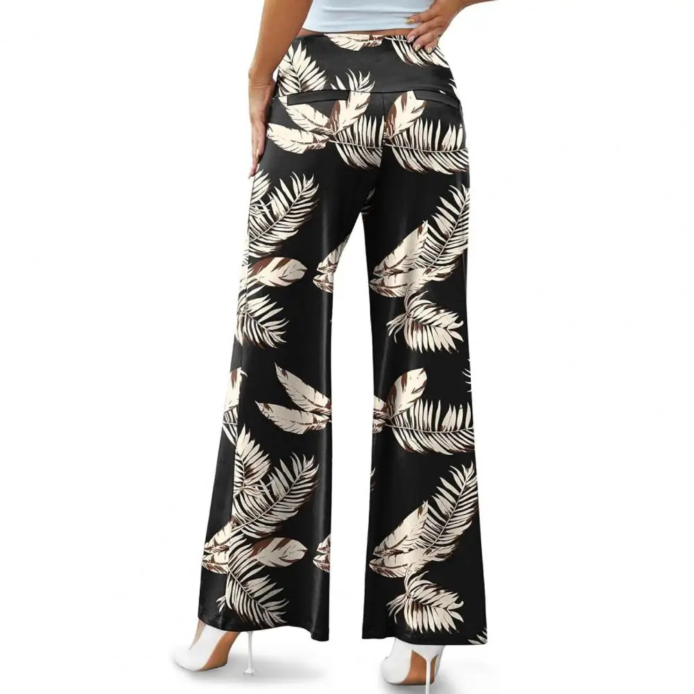 

Printed Pants Stylish Leaf Print Wide Leg Pants for Women Elastic High Waistband Office Trousers Stretchy Streetwear Pants Women